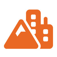 An orange icon depicting a mountain and a city.