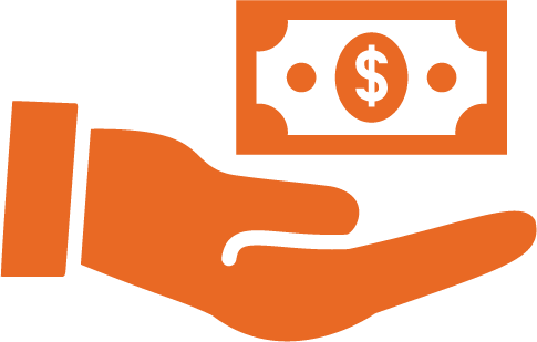 An orange icon depicting a hand holding money.